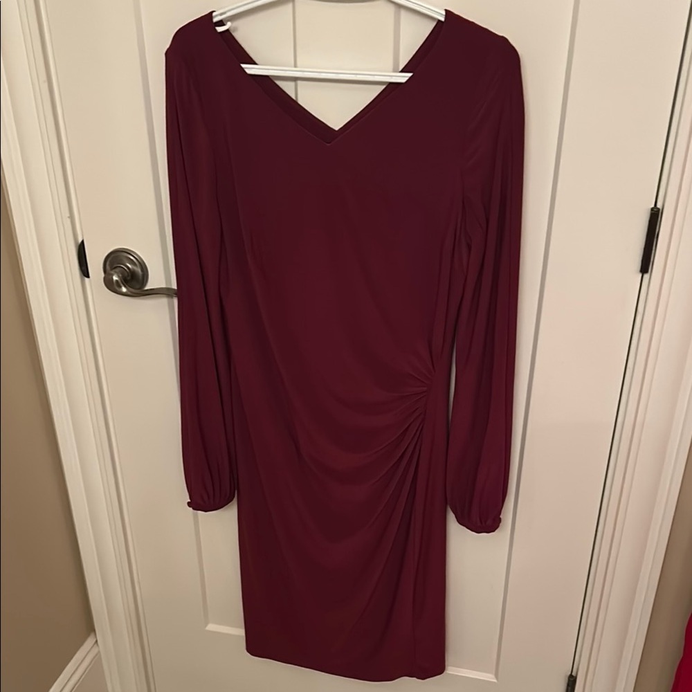 Lauren Elegant Christmas / Holiday Wine V-Neck Ruched Cocktail Dress, size 10